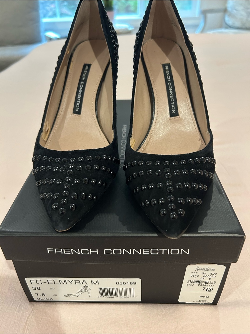 French Connection Black Studded Pointed Toe Pumps